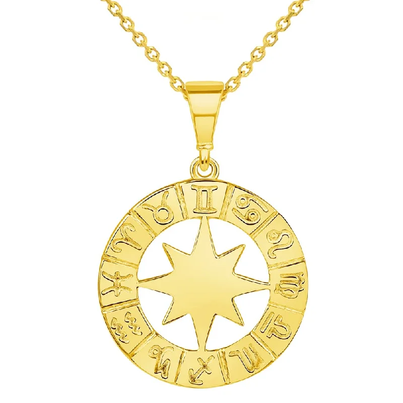 women pearl pendant necklaces -14k Yellow Gold Round Zodiac Star Compass Calendar Pendant Necklace