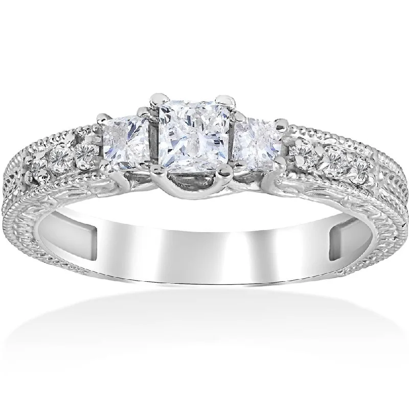 women white sapphire engagement rings -3/4ct Vintage Diamond 3 Stone Engagement Ring 14K White Gold