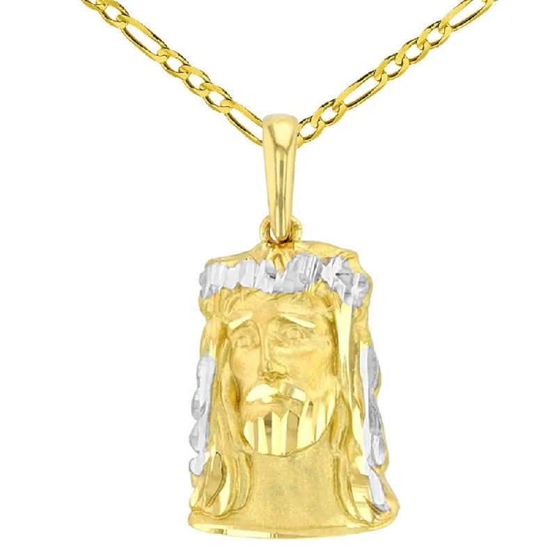 women rose gold pendant necklaces -14K Yellow Gold Textured Face of Jesus Christ Pendant with Figaro Chain Necklace