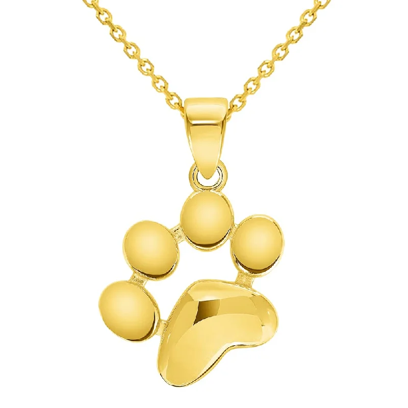 women eco-friendly necklaces -Solid 14k Yellow Gold Dog Paw Print Charm Pendant with Rolo Cable, Curb, or Figaro Chain Necklaces