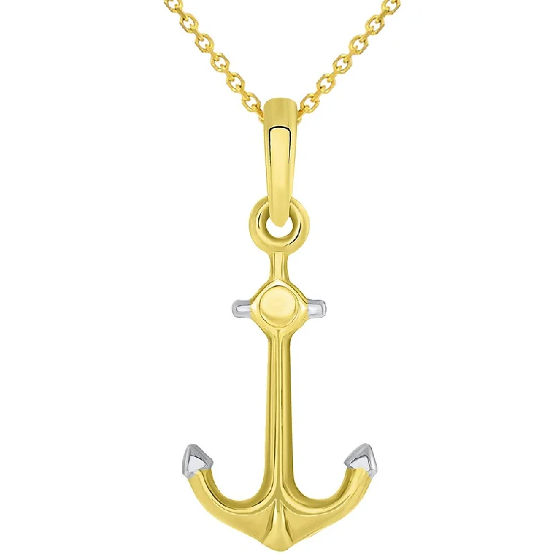 women halo necklaces -Solid 14k Yellow Gold Two Tone Anchor Charm Nautical Marine Pendant Necklace