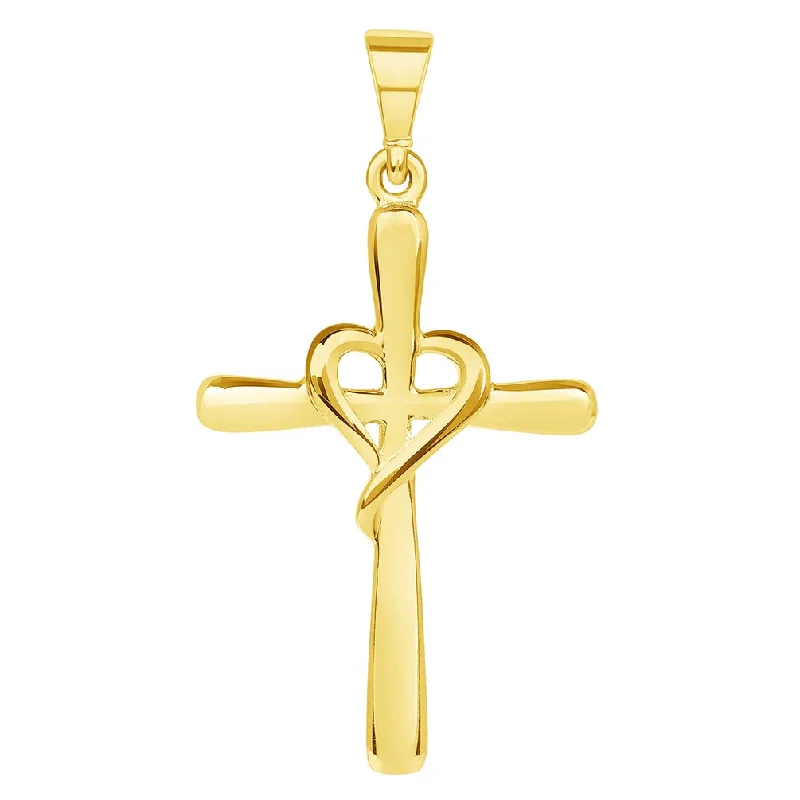 women infinity pendant necklaces -14k Yellow Gold Simple Religious Cross with Heart Pendant