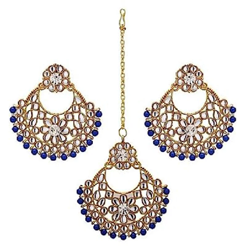 women pearl stud earrings -Subhag Alankar Dark Blue Alloy Jewel Set with Maangtikka