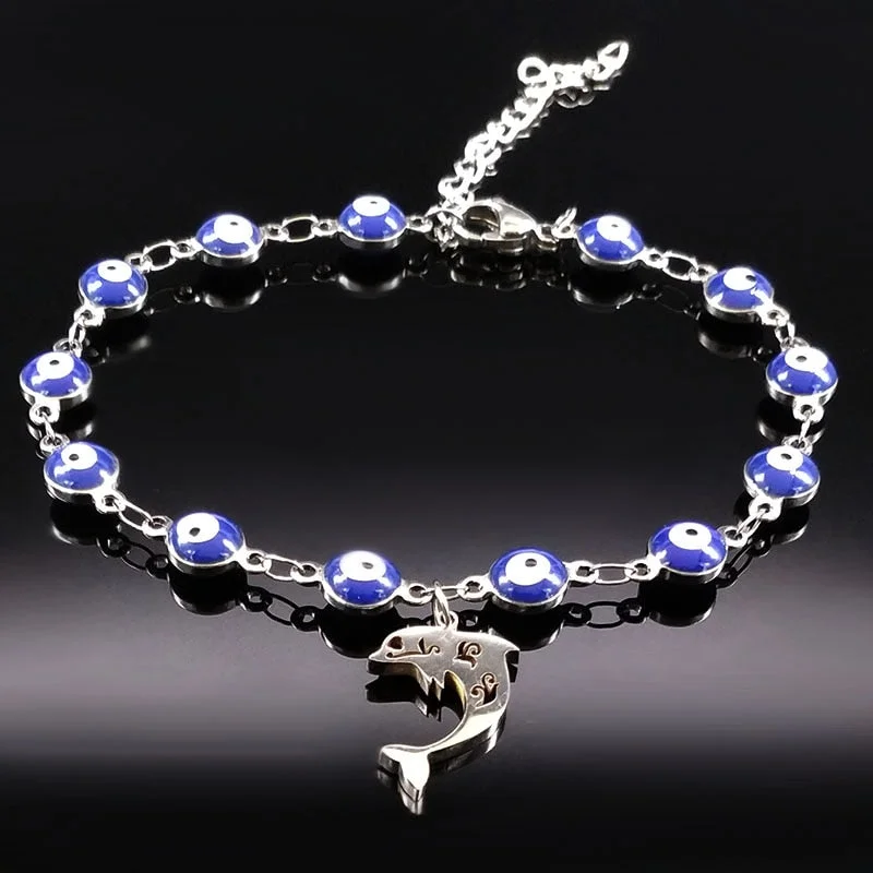 women charm bracelets -Fashion Blue Evil Eye Dolphin Stainless Steel Bracelets