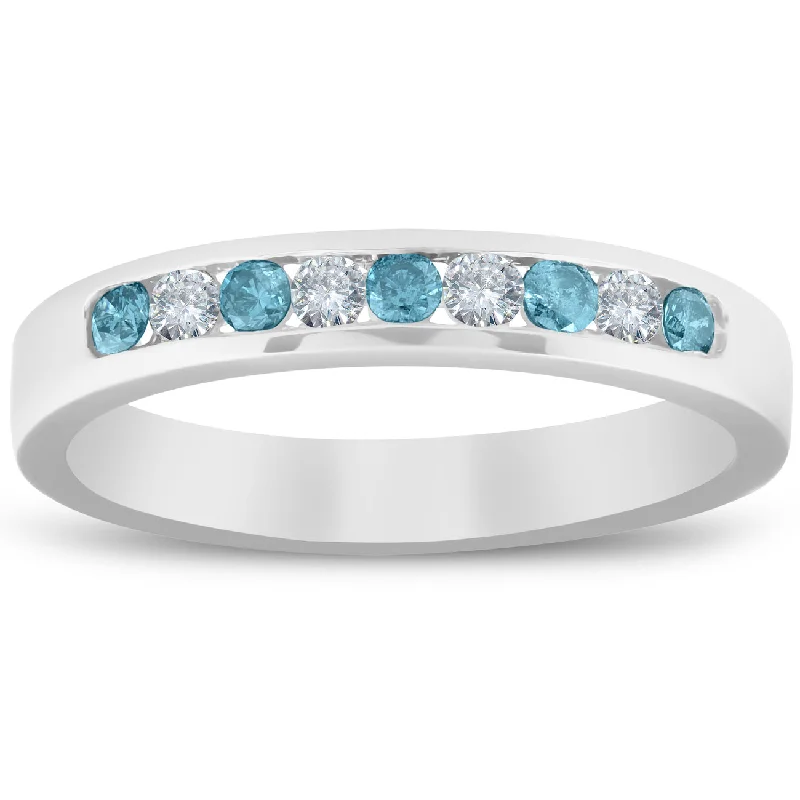 women oval diamond engagement rings -1/4ct Blue & White Diamond Wedding Ring 14K White Gold