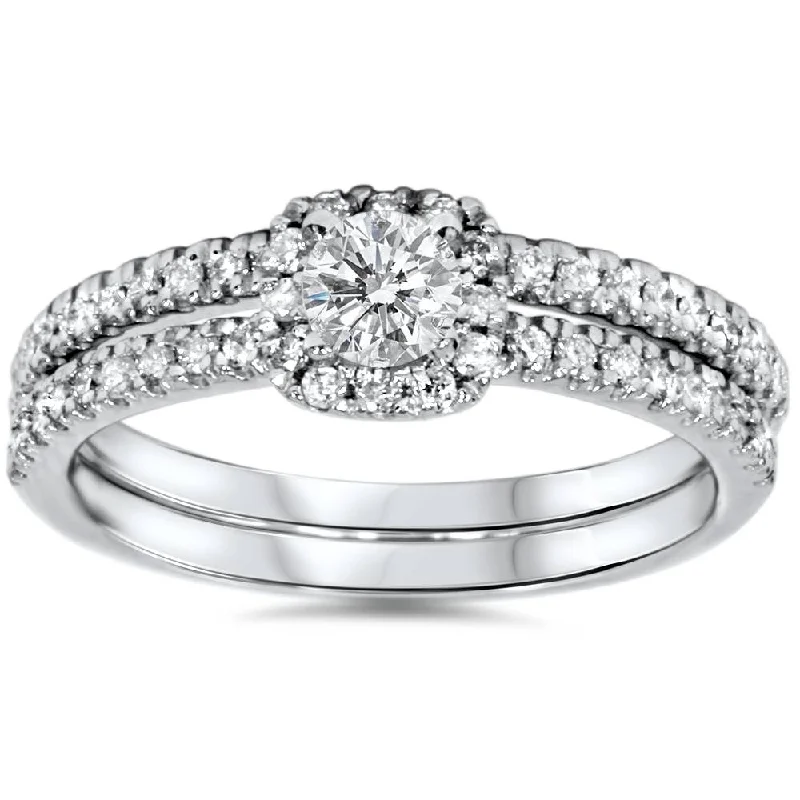 women affordable diamond engagement rings -3/4ct Diamond Cushion Halo Engagement Wedding Ring Set White Gold