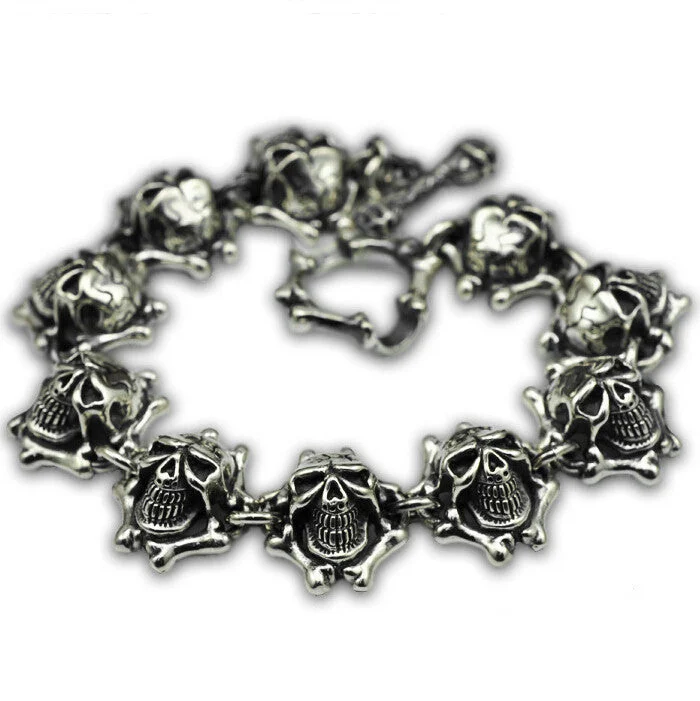 women vintage bracelets -100% pure real 925 Sterling Silver Bracelet S925 skull skeleton Thai silver bracelets