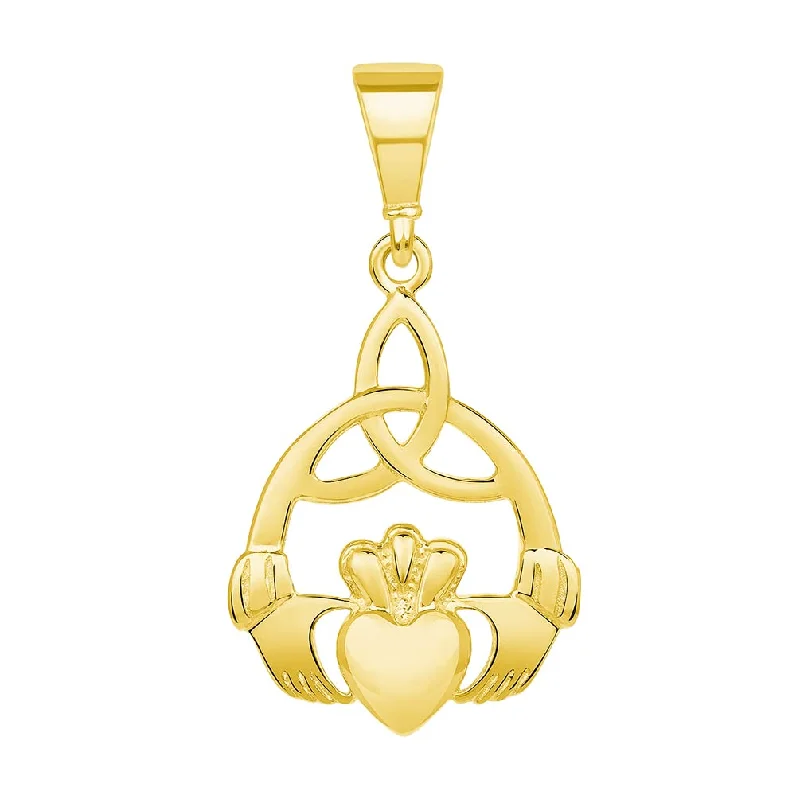 women heart-shaped necklaces -14k Yellow Gold Trinity Celtic Knot Irish Claddagh Hands Holding Heart Pendant