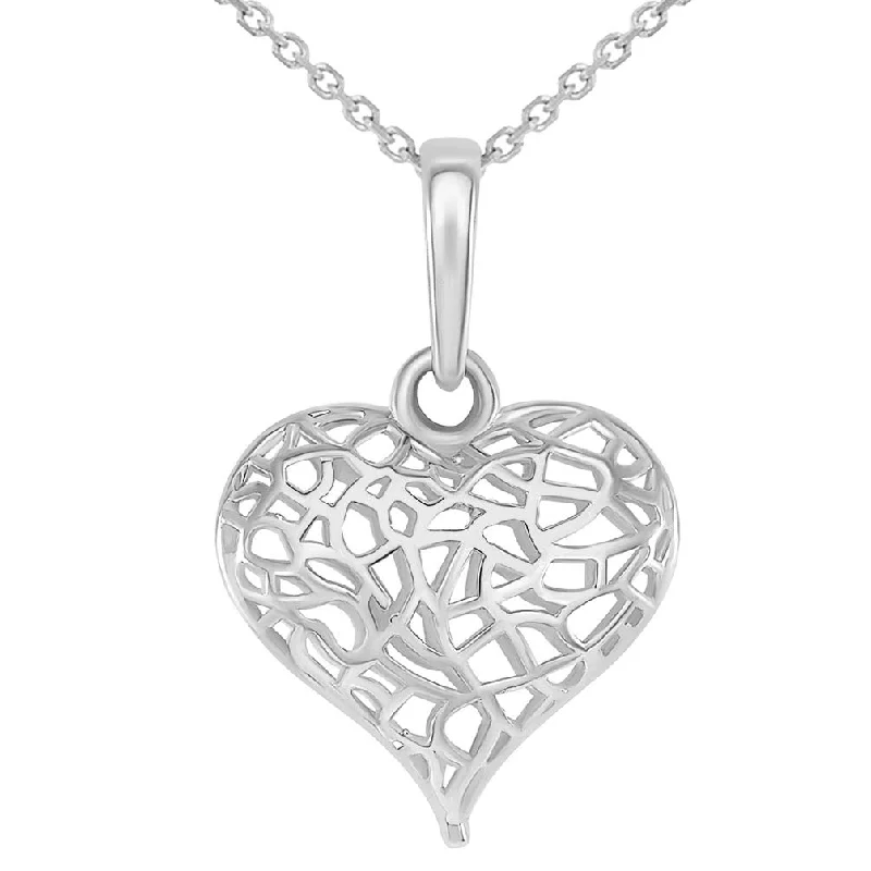 women pearl necklaces -14k White Gold 3-D Open Puffed Heart Charm Pendant Necklace