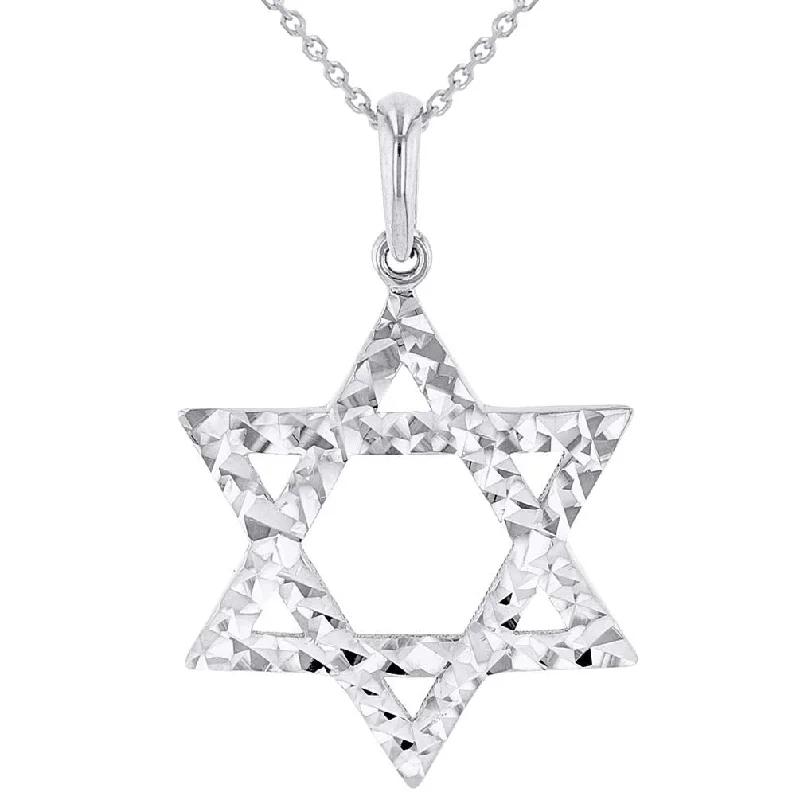 women adjustable necklaces -Solid 14k White Gold Textured Hebrew Star of David Pendant Necklace