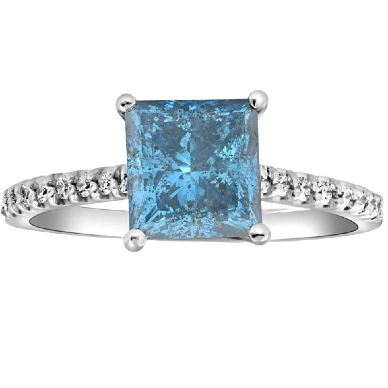 women double halo engagement rings -3Ct Blue Princess Cut Diamond Engagement Ring in 14k White Gold