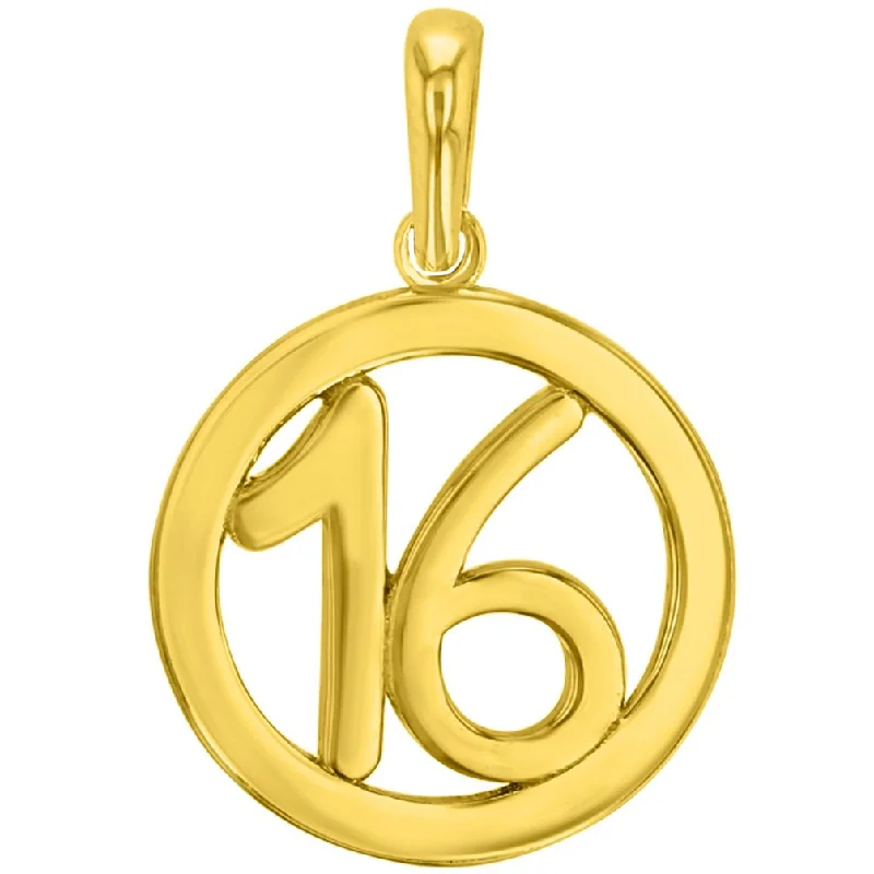 women simple pendant necklaces -Solid 14K Yellow Gold Round Number Sixteen Charm Pendant