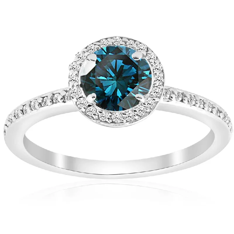 women romantic engagement rings -3/4ct Blue Diamond Halo Ring 14K White Gold