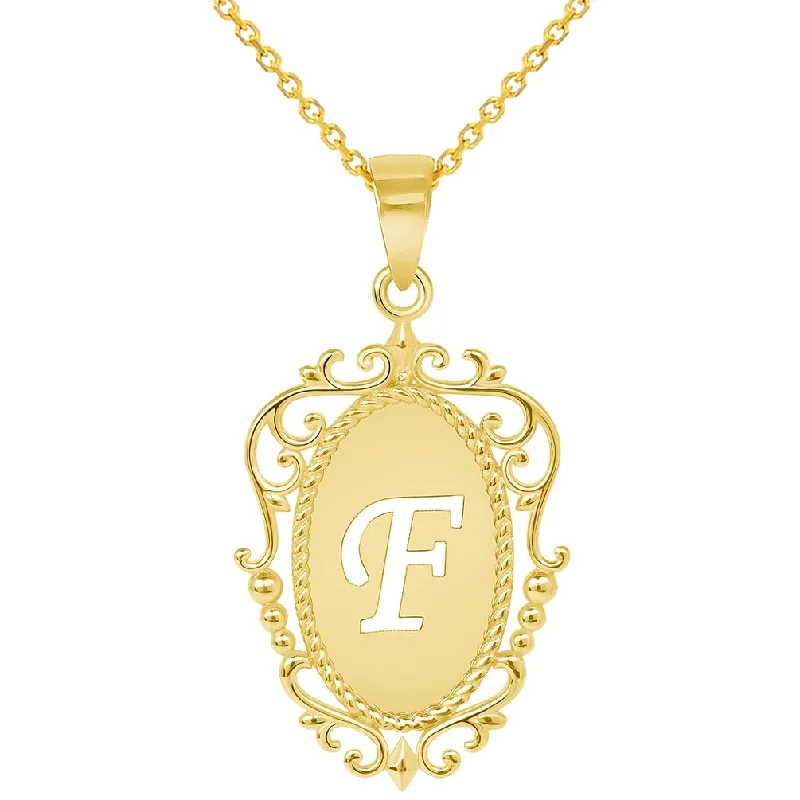 women minimalist pendant necklaces -14k Yellow Gold Elegant Filigree Oval Uppercase Initial F Script Letter Plate Pendant with Cable, Curb, or Figaro Chain Necklaces