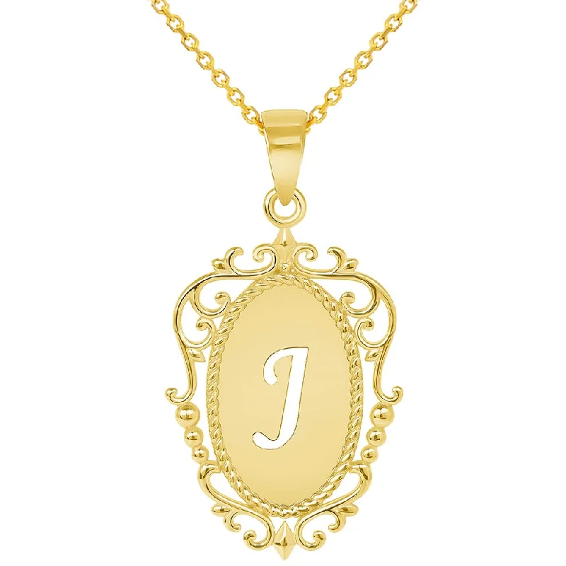 women monogram necklaces -14k Yellow Gold Elegant Filigree Oval Uppercase Initial J Script Letter Plate Pendant with Cable, Curb, or Figaro Chain Necklaces