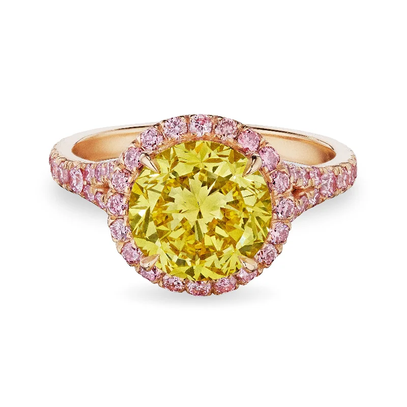 women birthstone rings -Round Cut Fancy Vivid Yellow Diamond Ring, 2 CT