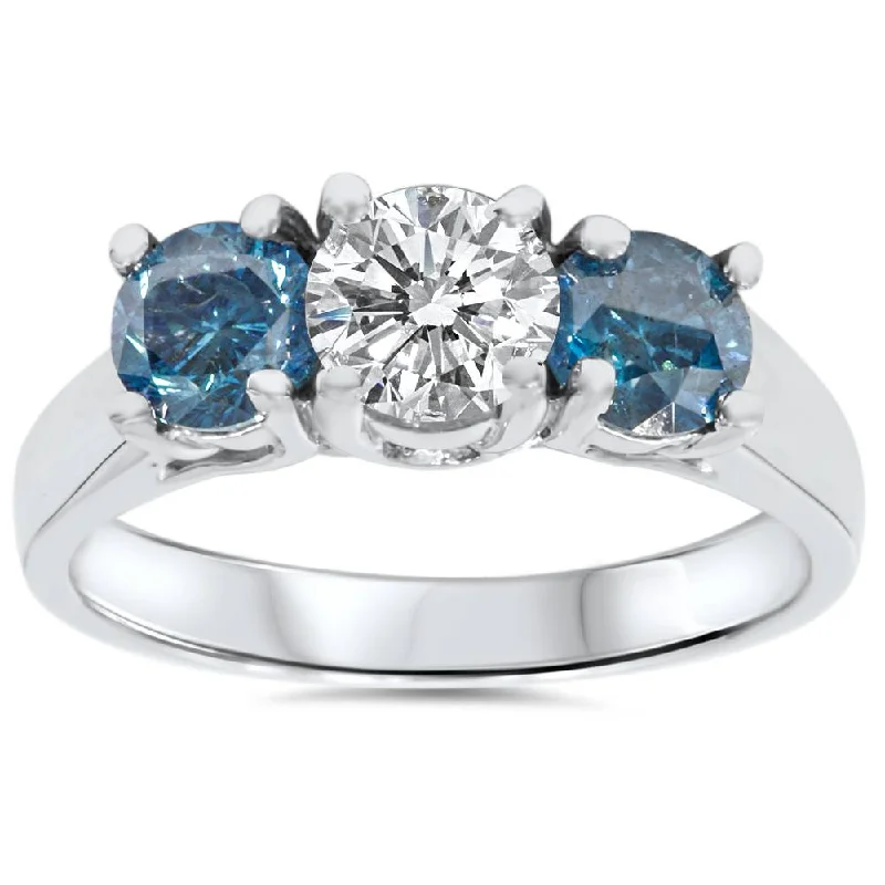 women three-stone engagement rings -1 3/4ct Blue & White Diamond Three Stone Engagement 14K White Gold Ring