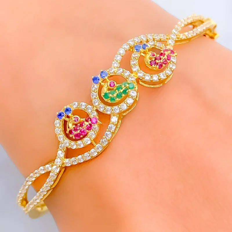 women gemstone charm bracelets -Special Curved Peacock Trio 22k Gold CZ Bangle Bracelet