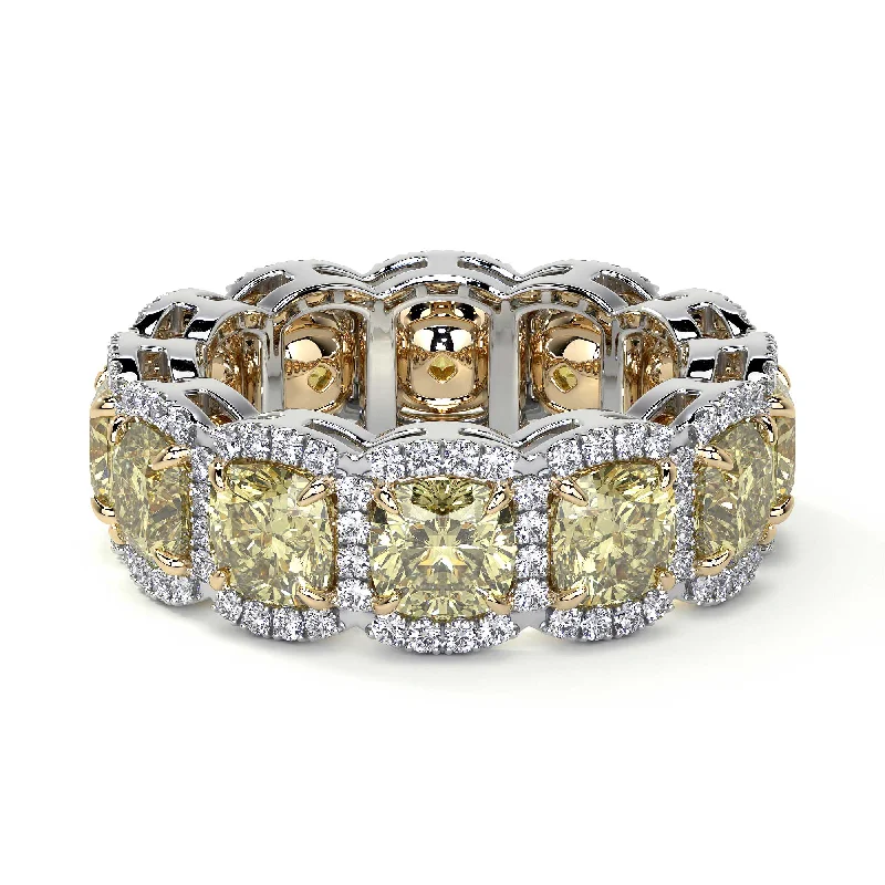 women antique rings -Fancy Yellow Diamond Eternity Band With Halo, 5.40 CT