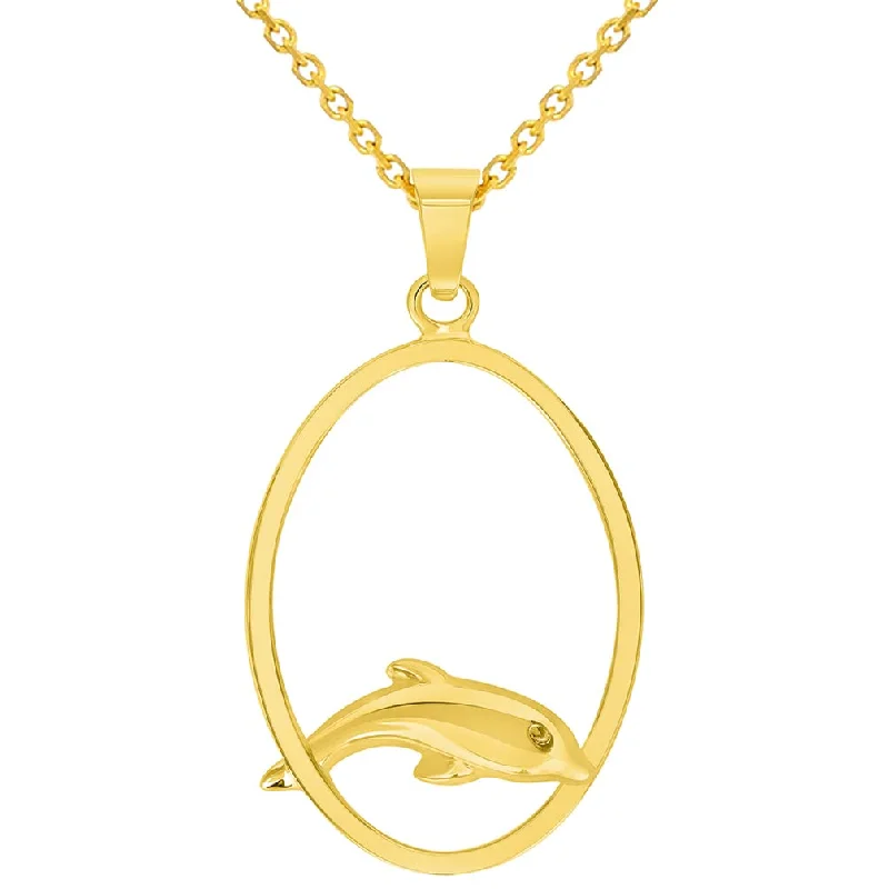 women monogram necklaces -14k Yellow Gold Dolphin Jumping Through Hoop Pendant Necklace