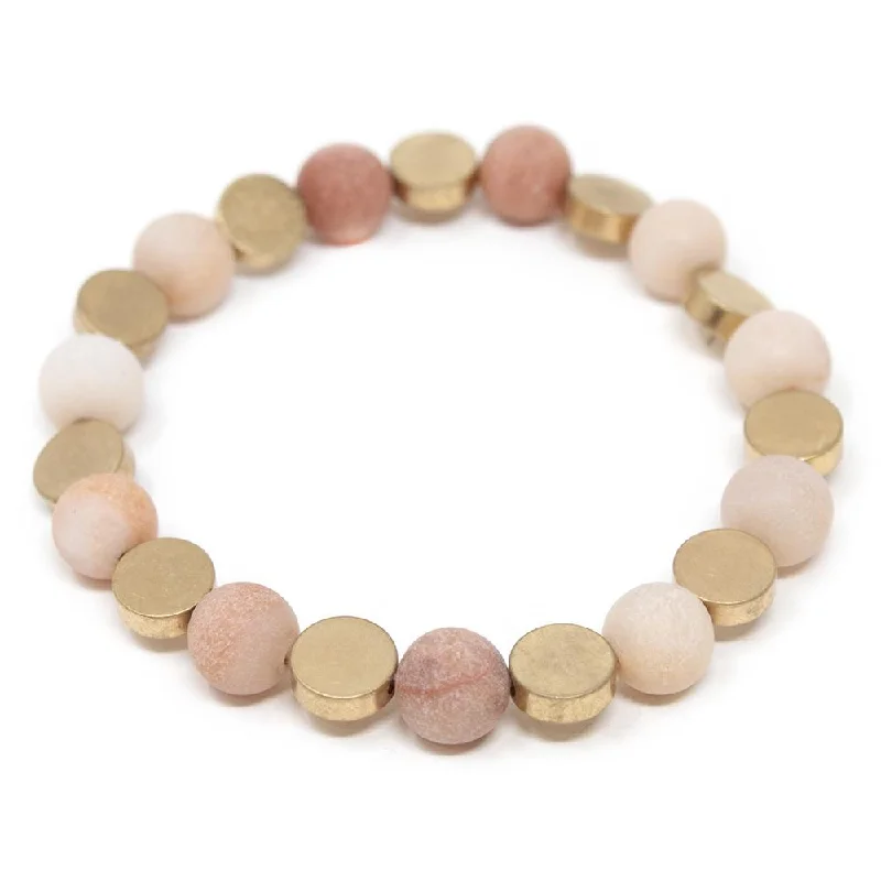 women chunky gold bracelets -Stretch Bracelet Semi Precious Bead Gold Disc Peach