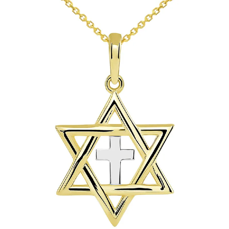 women wedding day necklaces -14k Yellow Gold Jewish Star of David with a Religious Cross Judeo Christian Pendant Necklace