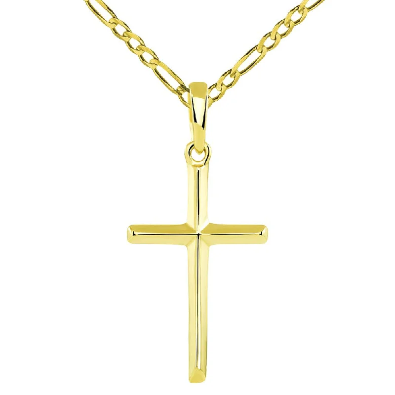 women spiral necklaces -14K Yellow Gold Traditional Simple Religious Cross Pendant with Figaro Chain Necklace