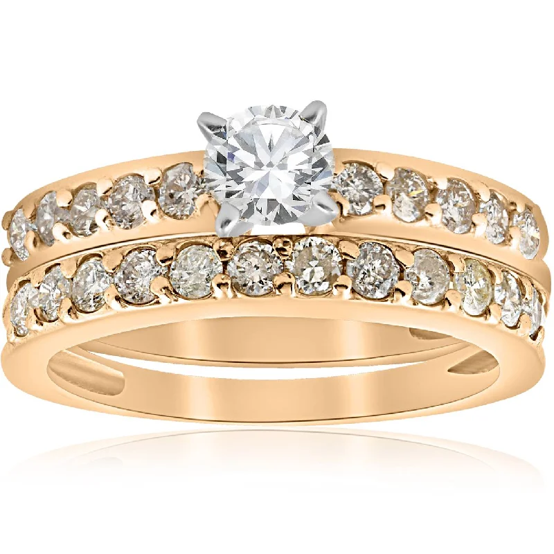 women romantic engagement rings -14k Yellow Gold 1 Carat Diamond Engagement Ring Matching Wedding Band Set