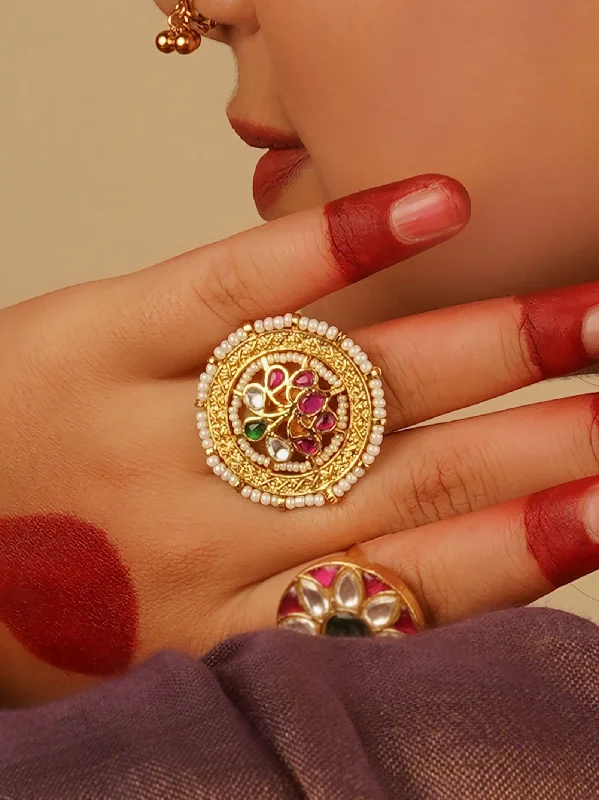 women handmade rings -Multicolor Gold Plated Jadau Kundan Ring - MRNG156M