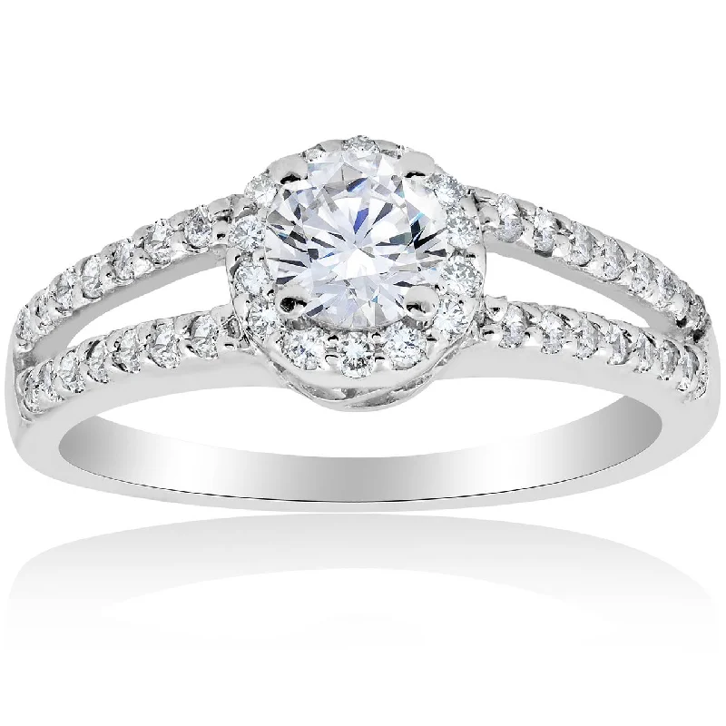 women men’s engagement rings -1ct Halo Split Shank Diamond Vintage Halo Engagement Ring 14K White Gold