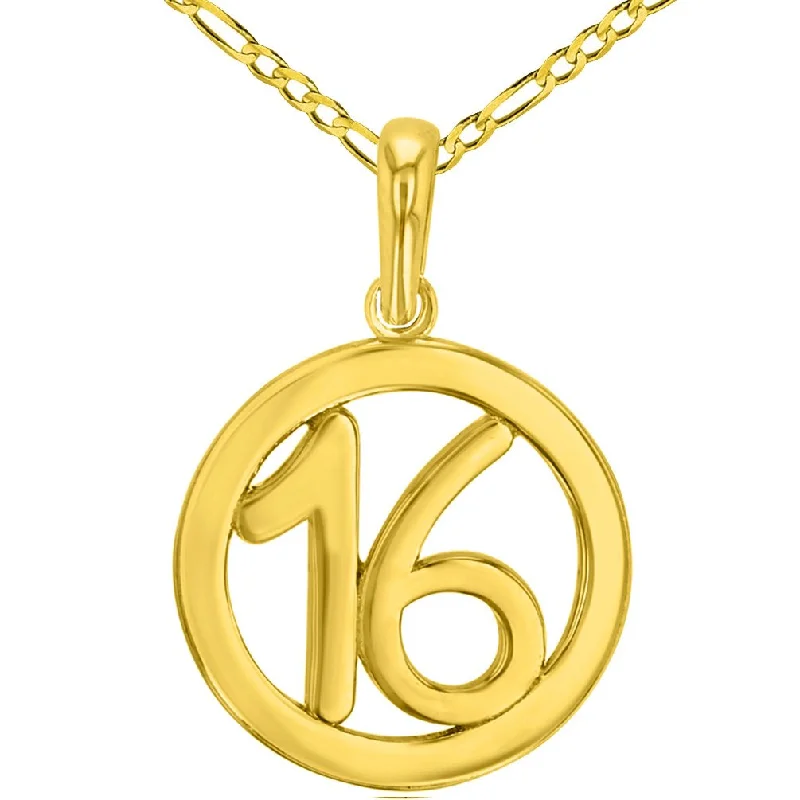 women simple pendant necklaces -Solid 14K Yellow Gold Round Number Sixteen Charm Pendant with Figaro Chain Necklace