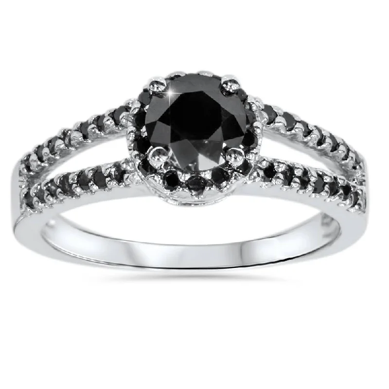 women vintage-inspired engagement rings -2CT Black Diamond Split Shank Halo Engagement Ring 14K White Gold