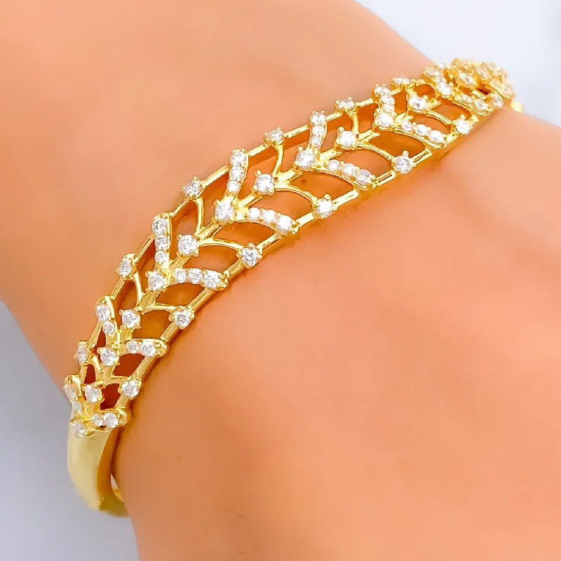 women cuff bracelets -Luxurious Alluring Leaf Diamond + 18k Gold Bangle Bracelet