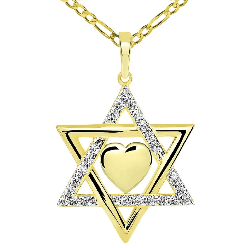 women rose gold necklaces -14k Yellow Gold Hebrew Love CZ Star of David with Heart Pendant Figaro Necklace