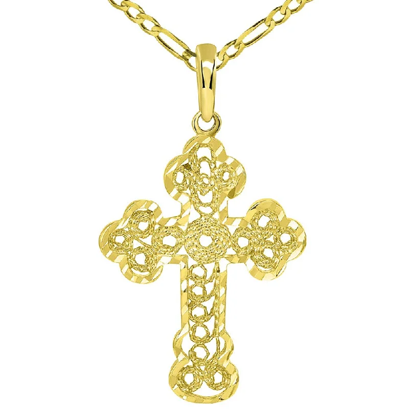 women engraved necklaces -Solid 14k Yellow Gold Filigree Eastern Orthodox Cross Pendant with Figaro Necklace