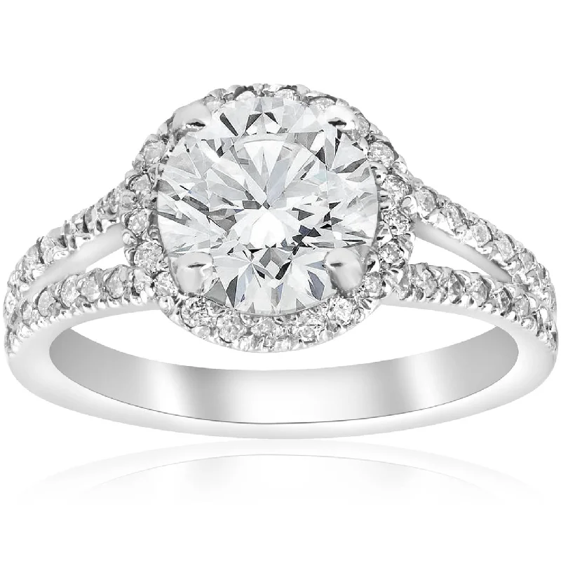 women designer engagement rings -2 1/2ct Halo Diamond Engagement Ring Split Shank Pave Enhanced 14k White Gold