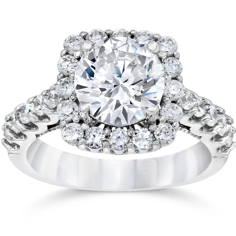 women alternative engagement rings -3Ct (2Ct center) Cushion Halo Lab Grown Diamond Engagement Ring 14K White Gold