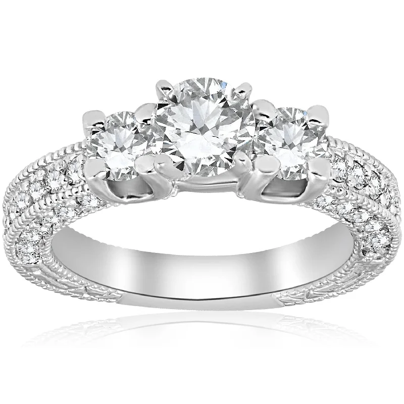 women classic engagement rings -2ct Diamond Vintage 3 Stone Engagement Antique Ring 14K White Gold