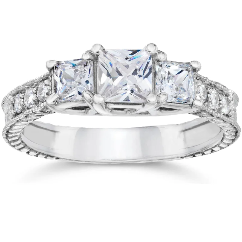 women elegant engagement rings -1 3/4ct Vintage Three Stone Diamond Ring 14K White Gold