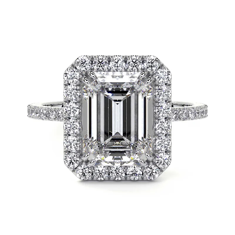 women birthstone engagement rings -Emerald Cut Diamond Ring With Halo, 2 CT, White Gold