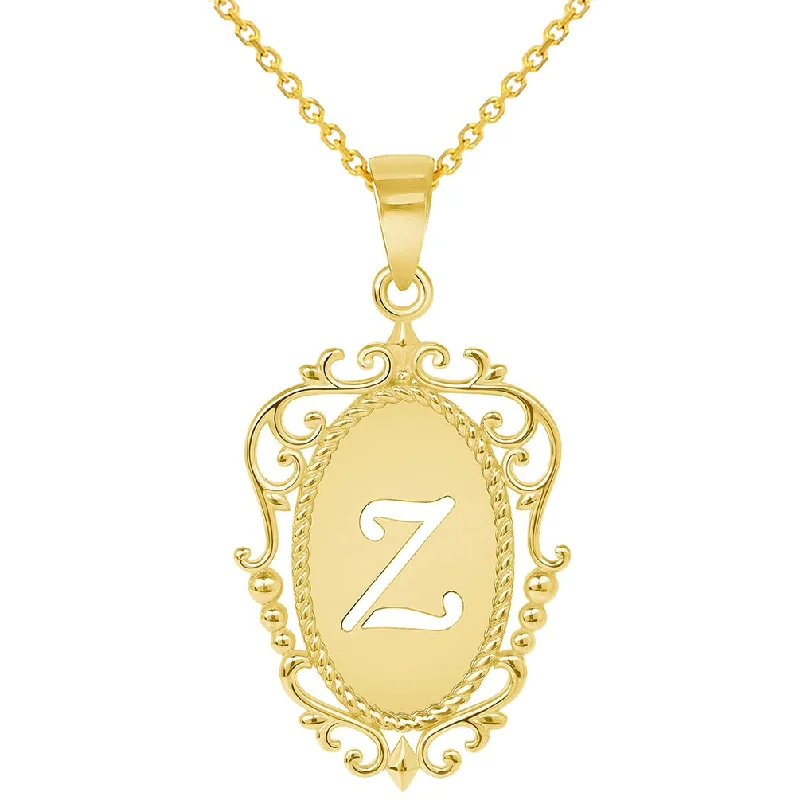 women teardrop necklaces -14k Yellow Gold Elegant Filigree Oval Uppercase Initial Z Script Letter Plate Pendant with Cable, Curb, or Figaro Chain Necklaces