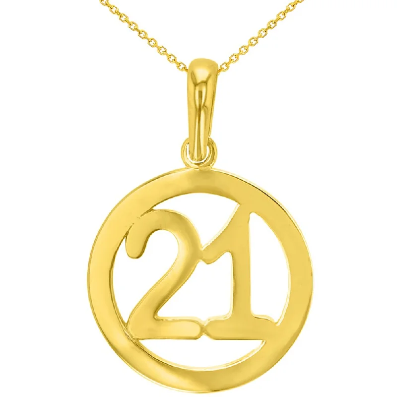 women eco-friendly necklaces -Solid 14K Yellow Gold Round Number Twenty One Charm Pendant Necklace