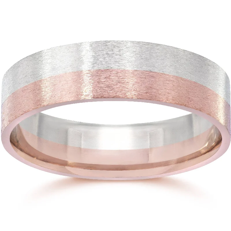 women custom engagement rings -Brushed Two Tone Flat Wedding Band 14K Rose & White Gold