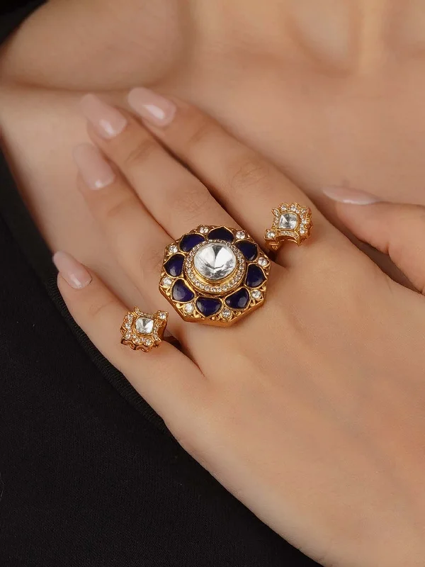 women round diamond rings -Blue Color Gold Plated Faux Polki Ring - PK-R30BL