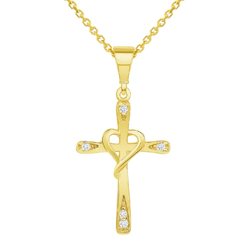 women star-shaped necklaces -14k Yellow Gold Cubic-Zirconia Simple Religious Cross with Heart Pendant Necklace