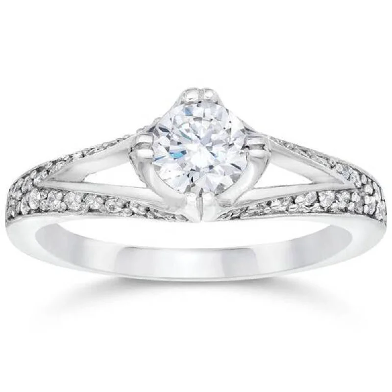 women custom engraved engagement rings -1ct Diamond Split Shank Vintage Engagement Ring 14K White Gold