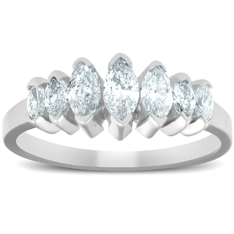 women halo engagement rings -14K White Gold 3/4ct Marquise Diamond Anniversary Ring