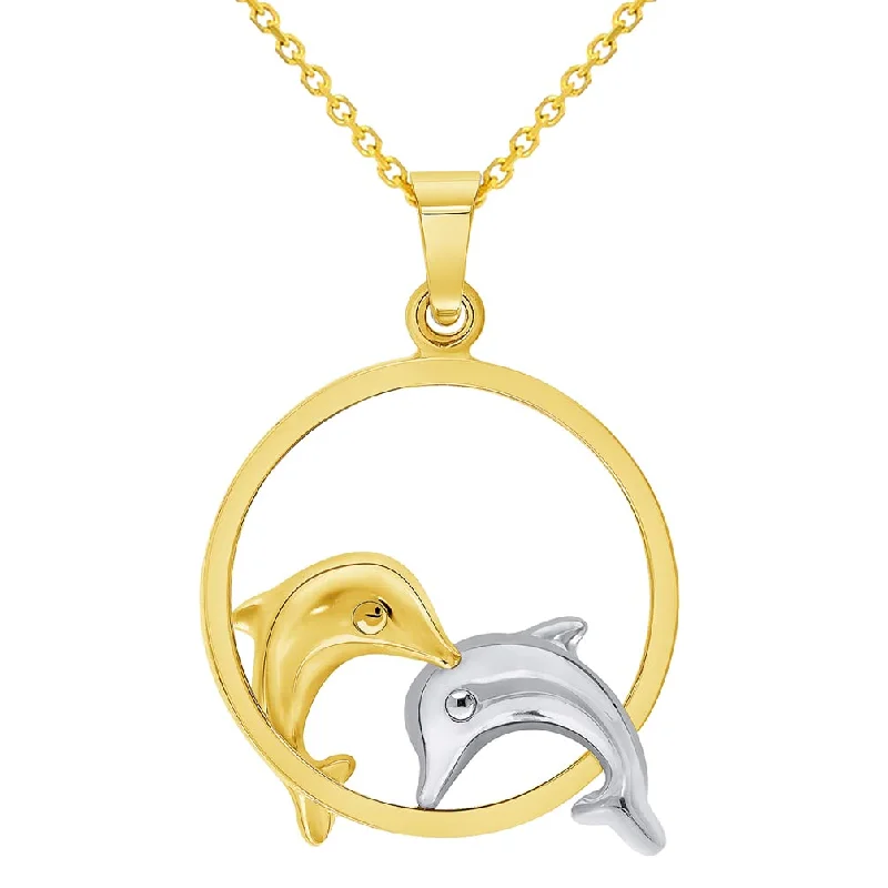 women butterfly pendant necklaces -14k Yellow and White Gold Two Dolphins Jumping Through Hoop Pendant Necklace