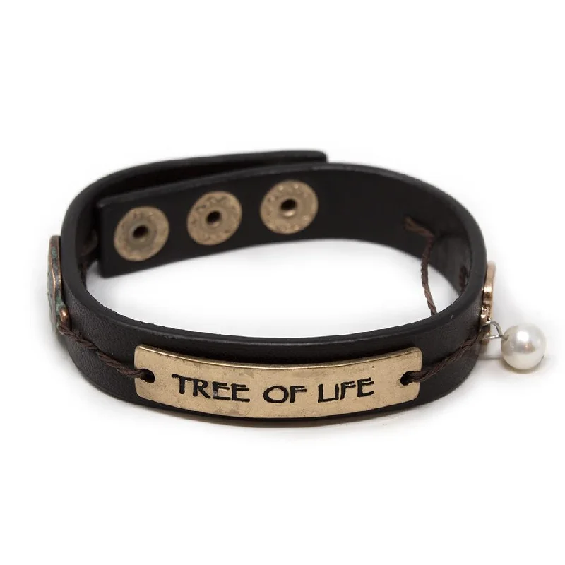 women chain bangles -Leather Tree of Life Bracelet Gold Tone Brown