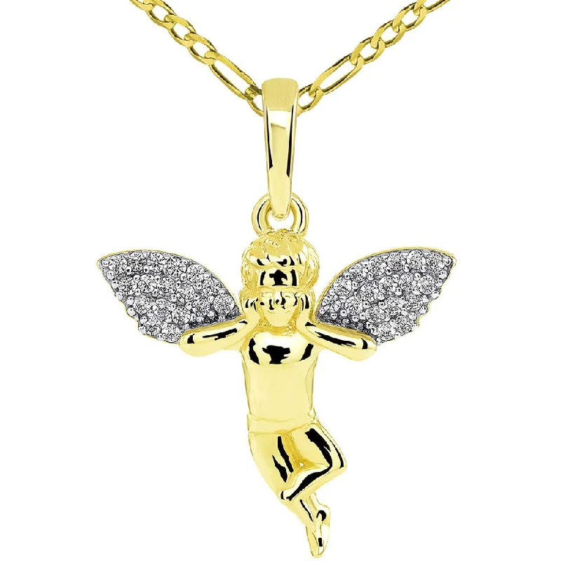 women gemstone pendant necklaces -14k Yellow Gold Guardian Angel In Love Holding Face with Micro Pave CZ Wings Pendant Figaro Chain Necklace